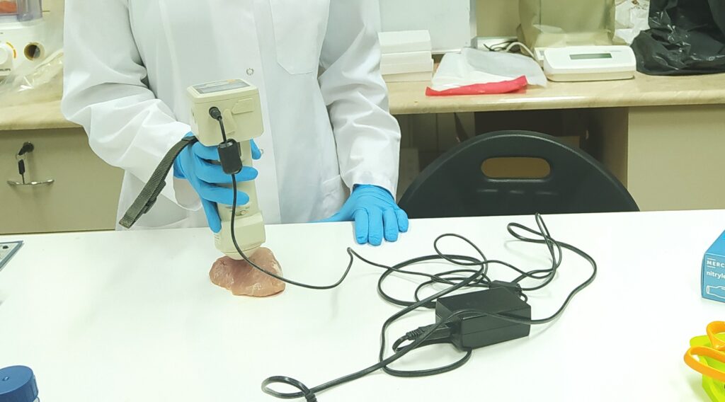 zdjęcie osoby w rękawiczkach trzymającej elektrodę do badania mięsa